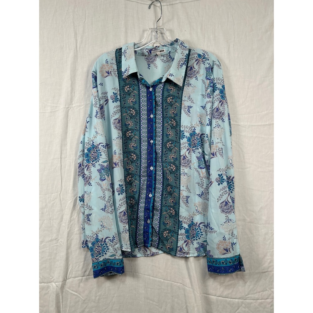 Fashion Nova Womens 1X Blue Floral Paisley Button Up Blouse Long Sleeve  #2301